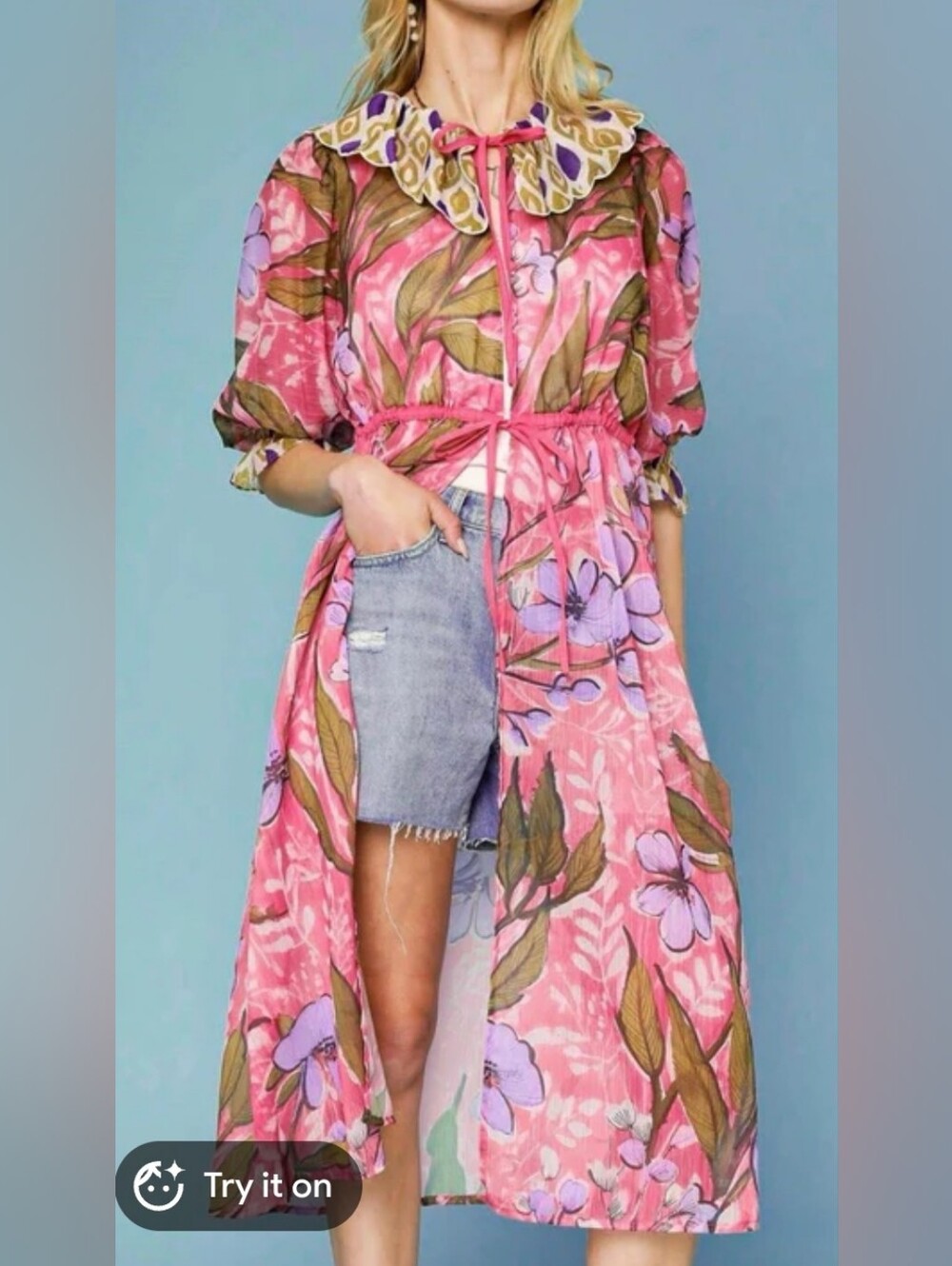 Umgee Large NWT Pink Floral Maxi Duster with Lavender Blooms PTP 23 - Picture 1 of 3